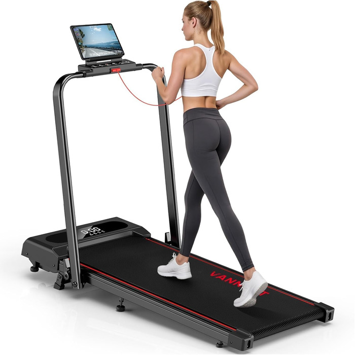Vannect Walking Pad: Складане бігове полотно для дому, 1-12 км/год, нахил 9%, LCD-дисплей, дистанційне керування + додаток, до 150 кг, червоне