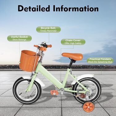 Дитячий велосипед 12 дюймів, для дітей 2-4 років, з кошиком та додатковими колесами, регульоване сидіння та кермо, подвійне гальмо, зелений