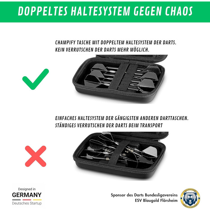 Чохол для дартсу Champify синій, жорсткий кейс з фіксацією дротиків, для 3 сталевих або м'яких дротиків, відділення для аксесуарів