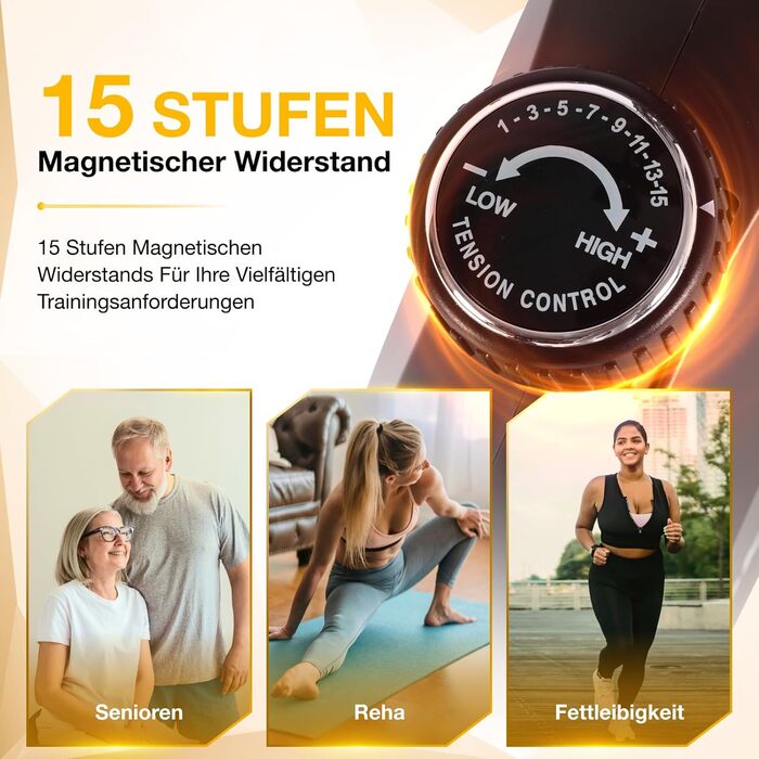 Ергометр для дому з магнітною гальмом, датчиками пульсу та LCD-дисплеєм, 15 рівнів опору, з підніжкою для спини, для людей похилого віку. Міцна конструкція, декілька налаштувань, колір горіх.