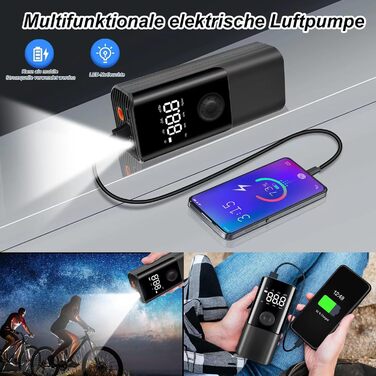 Електричний насос Viafexna 6000mAh, 150 PSI, з манометром для авто, велосипедів, м'ячів, матраців, лампа та Powerbank