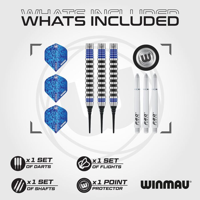 Професійний дартс набір WINMAU Advance 500, вольфрам, Softip, 22 г, синій, з оперенням і шафтами