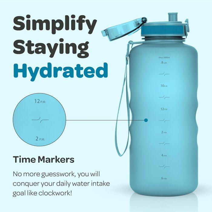Гідраційна пляшка з фруктовим відсіком 2л, BPA-free, спортивна пляшка з часовими мітками, не протікає, без конденсату, для спорту та активного відпочинку, швидке пиття, аква блакитна