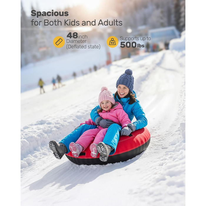 Шнек для катання снігом QPAU з канвасом для дітей та дорослих, 48'' Heavy Duty, посилена підошва, зимова розвага на свіжому повітрі, чорний & червоний