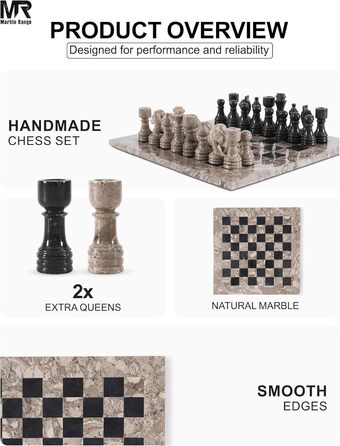 Шаховий набір з мармуру для дорослих, ручної роботи, 32 фігури, 2 додаткові королеви, коробка для зберігання, розкішна подорожна гра, елегантний подарунок для дому (чорний & кораловий) (Океанічний & Чорний)