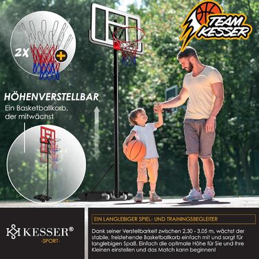 Баскетбольний кошик KESSER Premium з роликами, стійкою та аксесуарами, регульована висота 230-305 см, для дорослих і дітей, для вулиці, білий