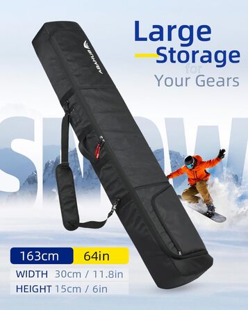 Чохол для сноуборду Abahub, водонепроникний, чорний, 163 см. Підходить для аксесуарів та перевезень літаком