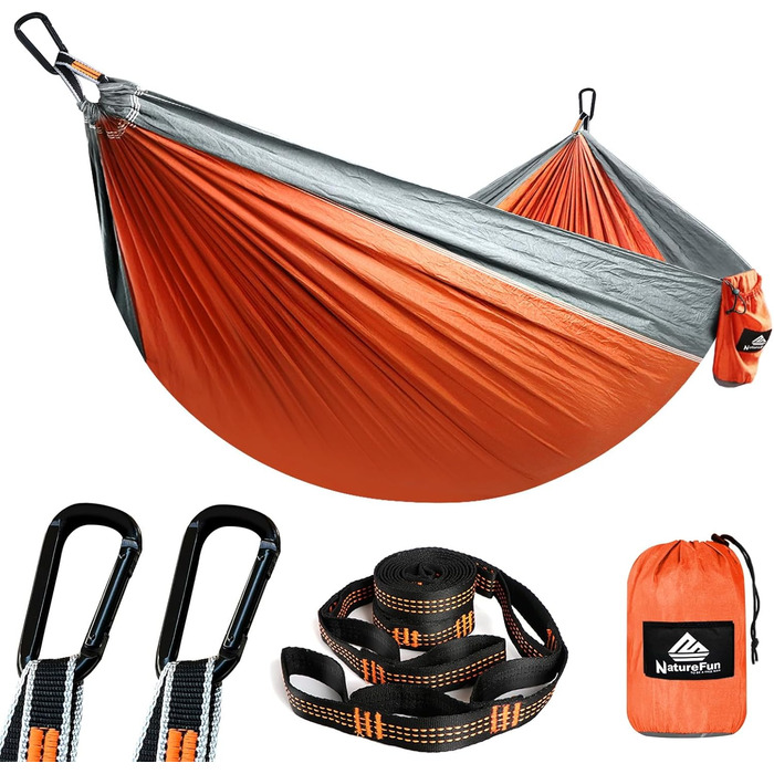 Гамак для кемпінгу NATUREFUN Ultraleicht | 300 кг, 275 x 140 см, дихаючий, швидковисихаючий, для відпочинку вдома, на природі, у саду (помаранчевий/сірий)