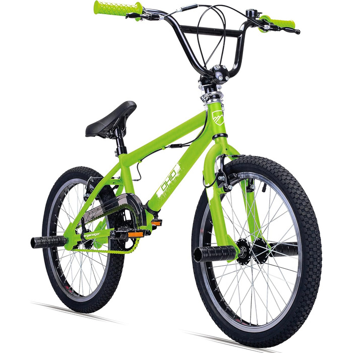 BMX велосипед Bergsteiger Ohio 20 дюймів, 360° ротор, фрістайл, 4 сталеві пеги, захист ланцюга, вільний хід, матовий токсично-зелений