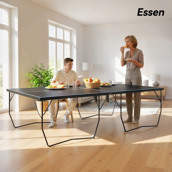 Стіл для настільного тенісу, розкладний, на 8 колесах, з рамою зі сталі з порошковим покриттям, МДФ, розміром 274 x 152,5 x 76 см, чорного кольору