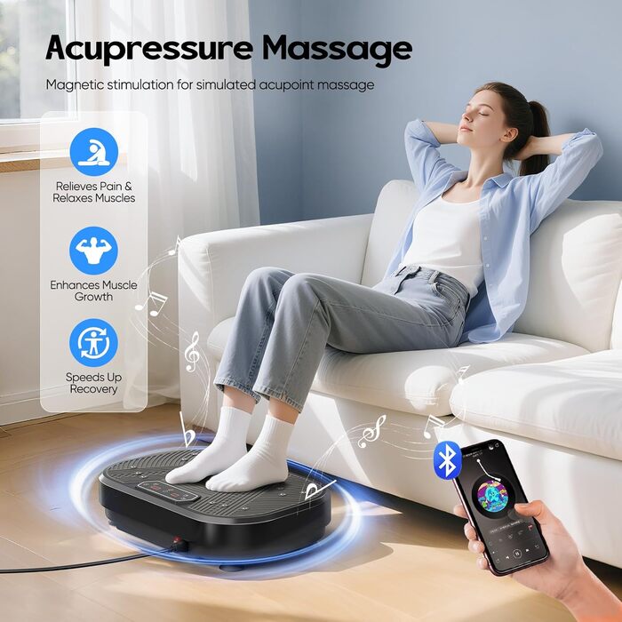 Віброплатформа VAYOTOY з Bluetooth, 120 рівнів інтенсивності, 10 програм тренувань для дому. Масажний та спортивний пристрій для лімфодренажу та фітнесу.