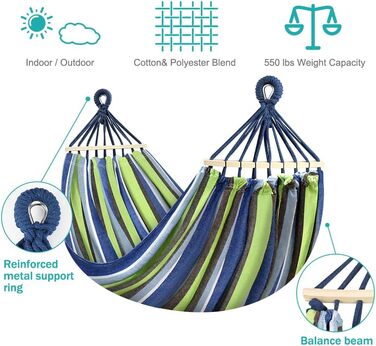 Гамак для відпочинку на природі: Outdoor, для кемпінгу, з дерев'яною перекладиною, ременями кріплення та сумкою. Підходить для дому, балкону, тераси, саду, подорожей з рюкзаком (світло-зелений)