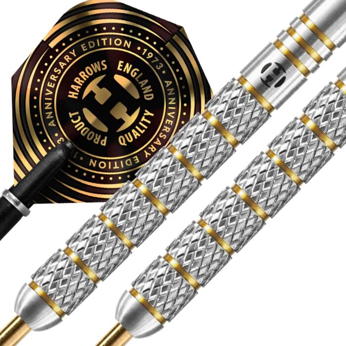 Дротики Harrows Boxer 90% вольфрамові, сталевий наконечник, 23 г, з карбоновими держателями та ювілейними опереннями 100 мкн