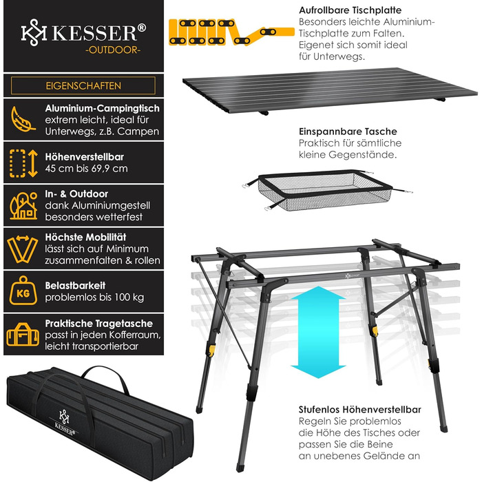 Складний кемпінговий стіл KESSER® з алюмінієвим каркасом 90x53 см, до 100 кг, з сумкою для транспортування