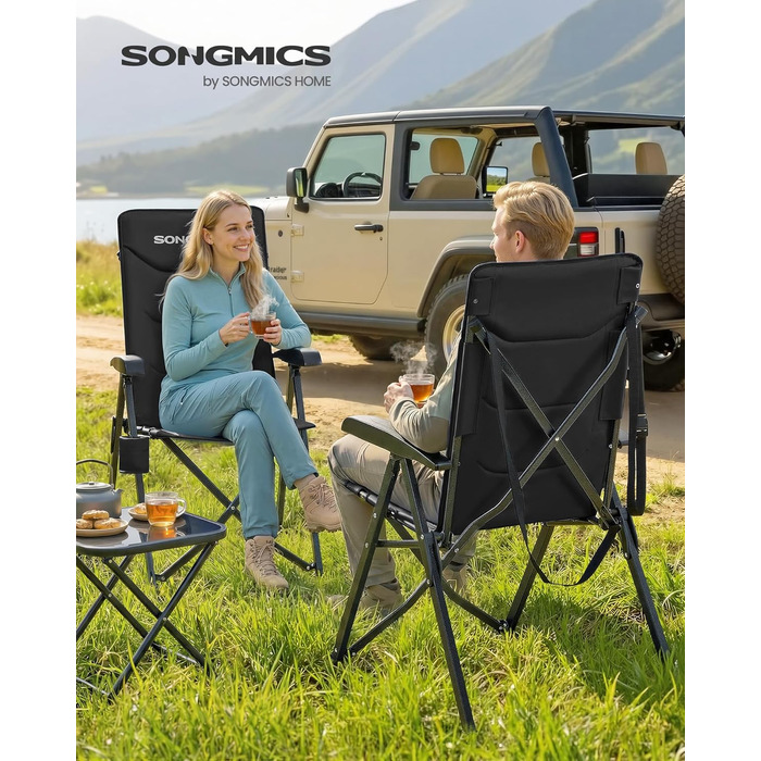 Складний туристичний стілець SONGMICS для відпочинку, риболовлі та кемпінгу, чорний, з регульованою спинкою 95°-150°