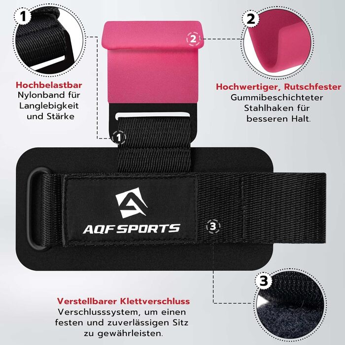 AQF Навантажувальні гачки для силових тренувань: неслизькі ручки з гумовим покриттям, 8 мм неопреновий наповнювач – гачки для важкої атлетики для чоловіків та жінок (пара), ідеальні для підйому ваги та пауерліфтингу (колір: рожевий)
