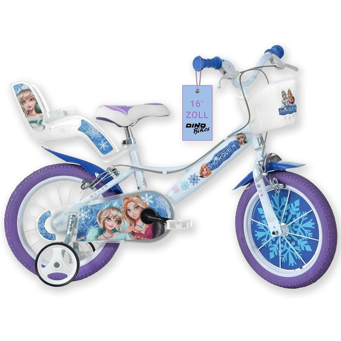 Дитячий велосипед Dino Bikes Холодне Серце для дівчаток, знімні додаткові колеса, кошик і тримач для ляльки, регульоване сидіння та кермо, біло-блакитний, від 2 років