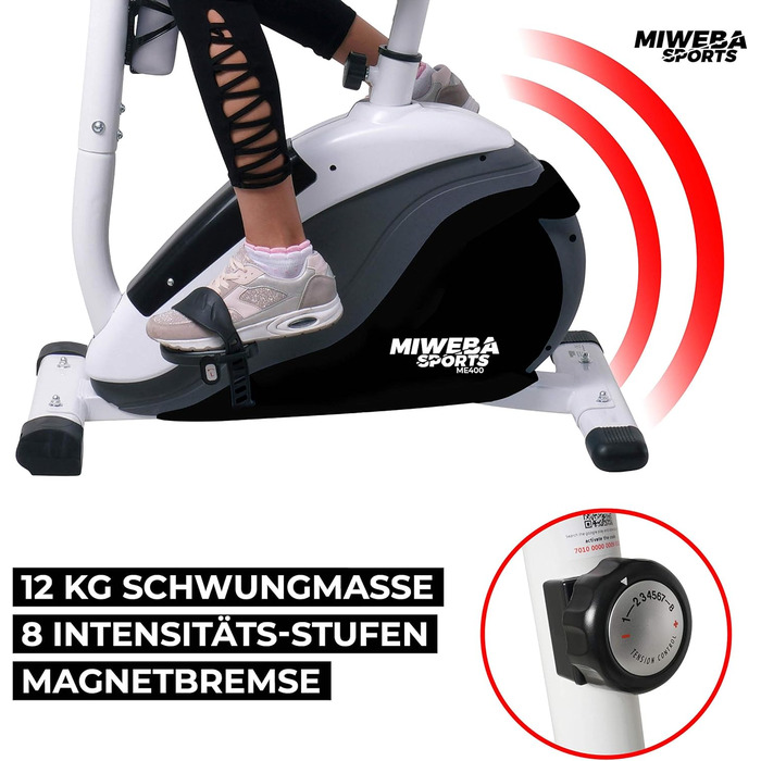 Велотренажер Miweba Sports ME400 з магнітним опором, 12 кг маховик, до 150 кг, LCD-дисплей, керування через додаток, пульсометр, для дому, чорний/білий