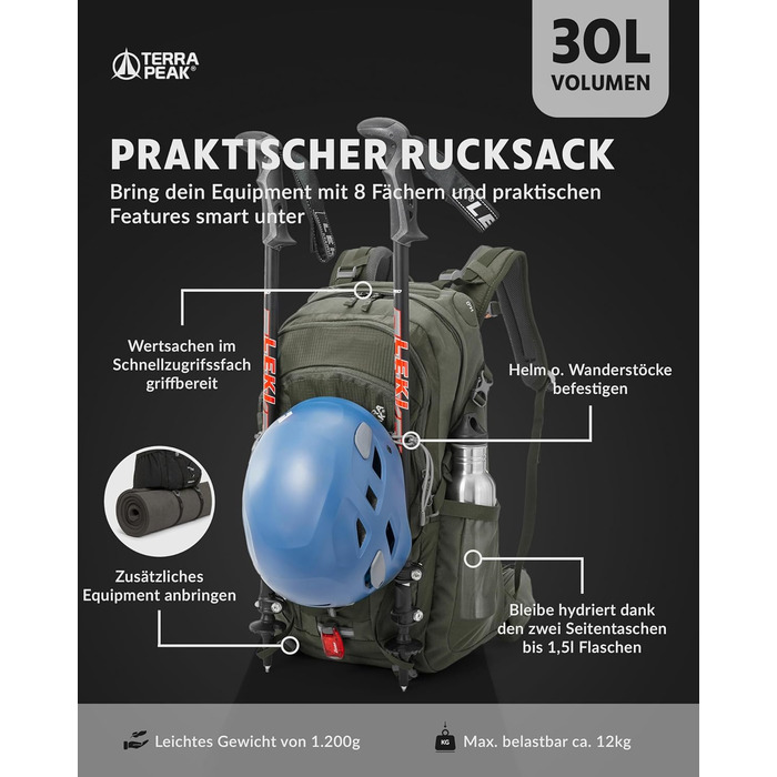 Туристичний рюкзак Terra Peak Flex 30L, з вентиляцією спини, дощовиком і кріпленням для питної системи, середній розмір, 3D Air Mesh, поясний ремінь, преміум якість