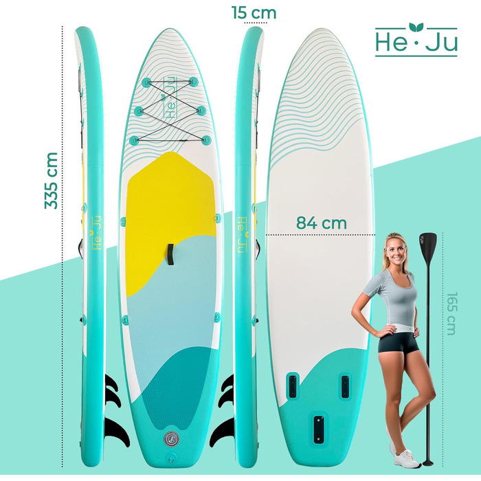 Надувна SUP дошка He-Ju 335x84x15 см для початківців та досвідчених, водонепроникна, з комплектом аксесуарів, м'ятна