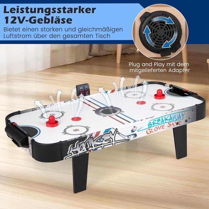 COSTWAY Аерохокейний стіл 42 дюйми з електронним LED-табло, 2 шайби, 2 ручки, 2 цілі, 106,5 x 53,5 x 30,5 см