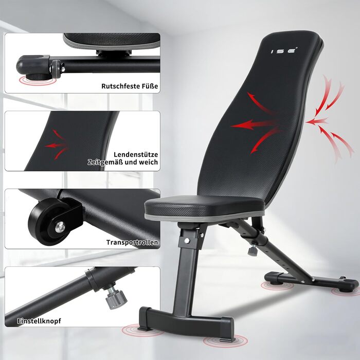 ISE Складна багатофункціональна лавка для тренувань SY-5021: регульована спинка, банк для пресу, фітнес-лавка для дому