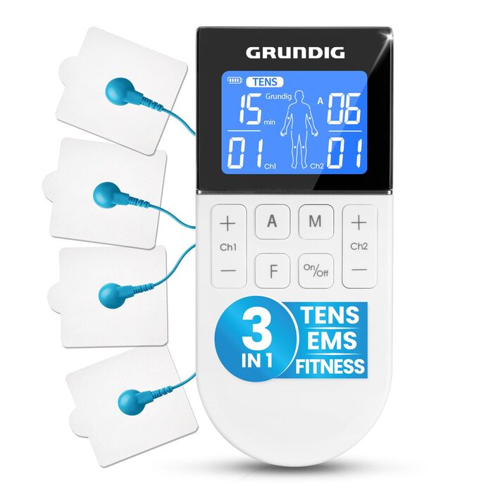 GRUNDIG Пристрій TENS для терапії болю, електростимулятор з 50 програмами та 16 рівнів інтенсивності - 3в1, EMS, акумуляторний, для розслаблення м'язів