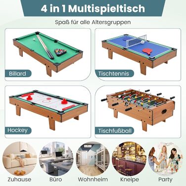 COSTWAY 4-в-1 ігровий стіл: пінг-понг, хокей, футбол, більярд, дерев'яний, для дітей та дорослих