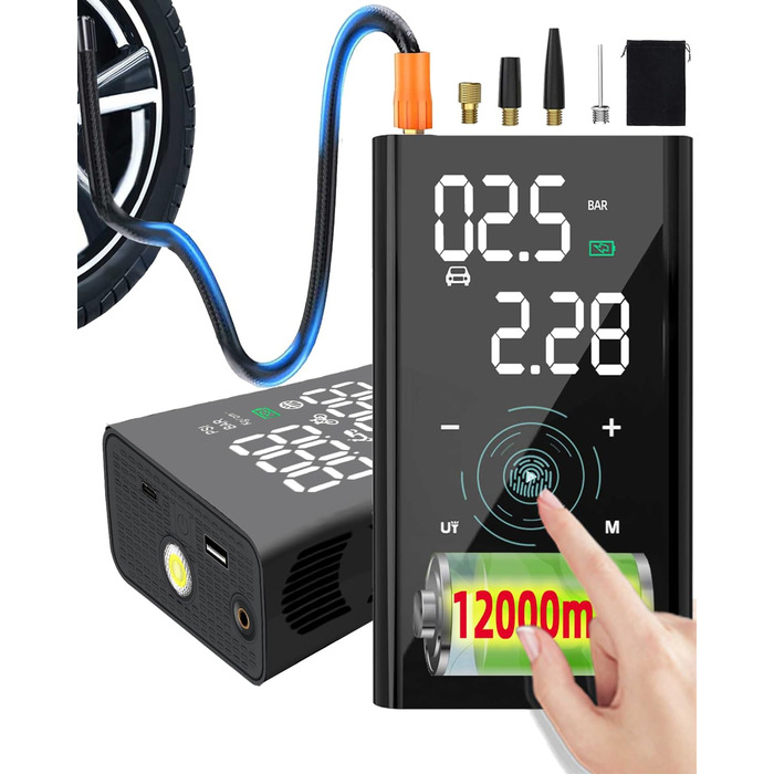 Електричний міні-компресор yanace 12000mAh, 150 PSI, портативний акумуляторний насос для авто, велосипедів і мотоциклів з манометром, ліхтариком та USB-C