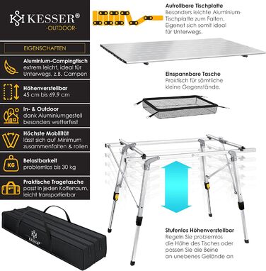 Кемпінговий стіл KESSER® складний, 90x53 см, з алюмінієвим каркасом, регулювання висоти, до 100 кг, з сумкою та сітчастою кишенею, срібний