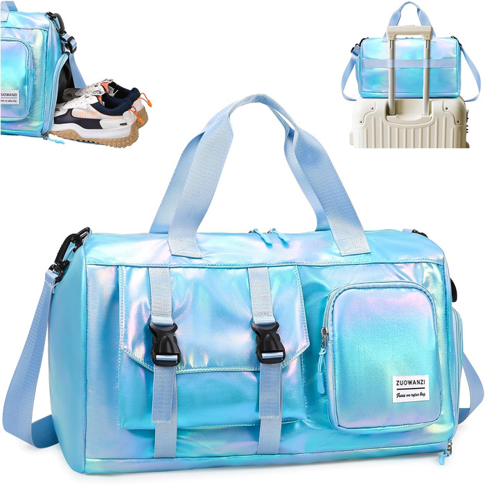 Спортивна сумка Tokeya для жінок з відділенням для взуття та мокрих речей, водонепроникна, блискуча, легка, складна, сумка-мішок для спорту, фітнесу, тренувань, подорожей (Блакитна)