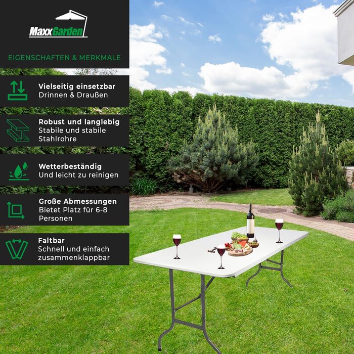 Складний стіл MaxxGarden для кемпінгу та саду - 180x70x74 см, білий