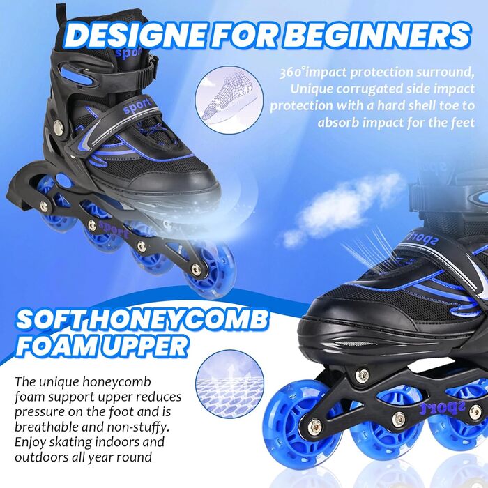 Дитячі ролики для катання в приміщенні та на вулиці, з підсвічуванням, для дівчаток та хлопчиків, розмір M, чорно-синій колір