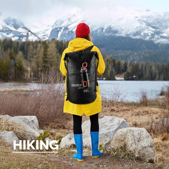Водонепроникний рюкзак WELDUN 50L з IPX8 чохлом для телефону, Rolltop, для каякінгу, кемпінгу, трекінгу та водних видів спорту (Чорний)