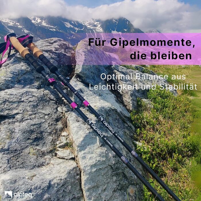 Тrekking-стійки для ходьби та гірських прогулянок: карбонові та алюмінієві, з ручками з корку | Дамські та чоловічі | Телескопічні, регульовані (алюміній 100-120 см, рожевий)