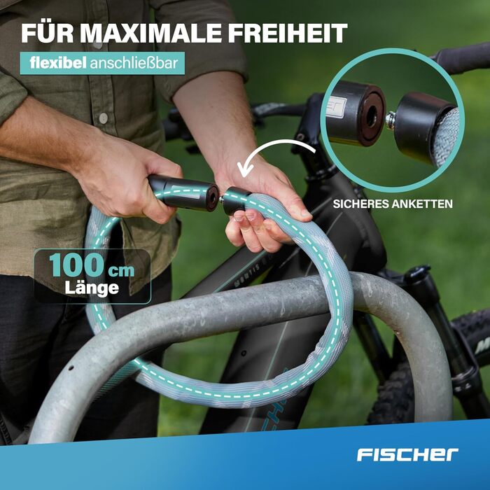 Ланцюговий замок для велосипеда та електровелосипеда FISCHER PROTEC SK100, 100 см, зелений, з 2 ключами та світловідбиваючими елементами
