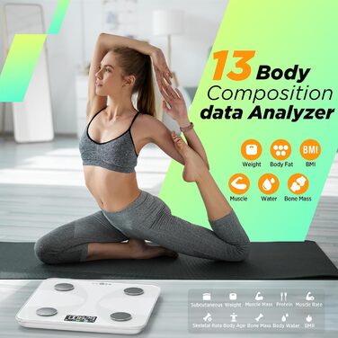 Вага RunSTAR для вимірювання жиру в тілі, електронна персональна вага з великим дисплеєм, аналізатор 13 показників, синхронізація з додатком - білий колір