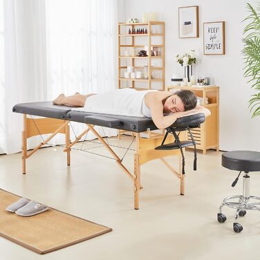 Масажний стіл Aspria Massageliege Mobile з 2 зонами, регульована висота, дерев'яні ніжки, з підголовником та підлокітниками, чорний (213x82x85 см, до 250 кг)