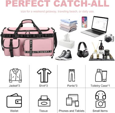 Спортивна сумка для подорожей 65Л з відділенням для взуття та мокрих речей, містка сумка для залу, плавання та коротких поїздок (Рожева)