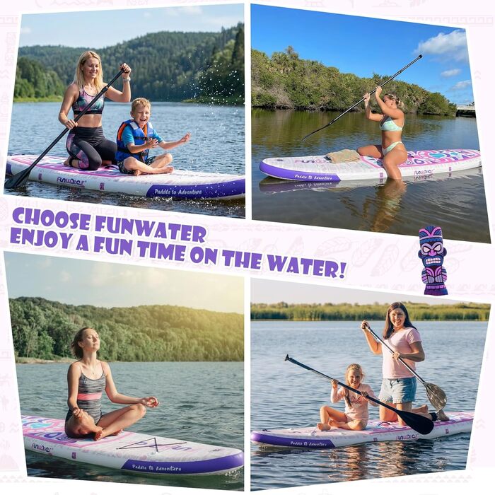 Надувний SUP Борд FunWater 10'6'-11'6' – для початківців та сімей, з антиковзким EVA-деком, веслом, насосом та аксесуарами (10'6-TIKI-Pink/Violett/Weiß)