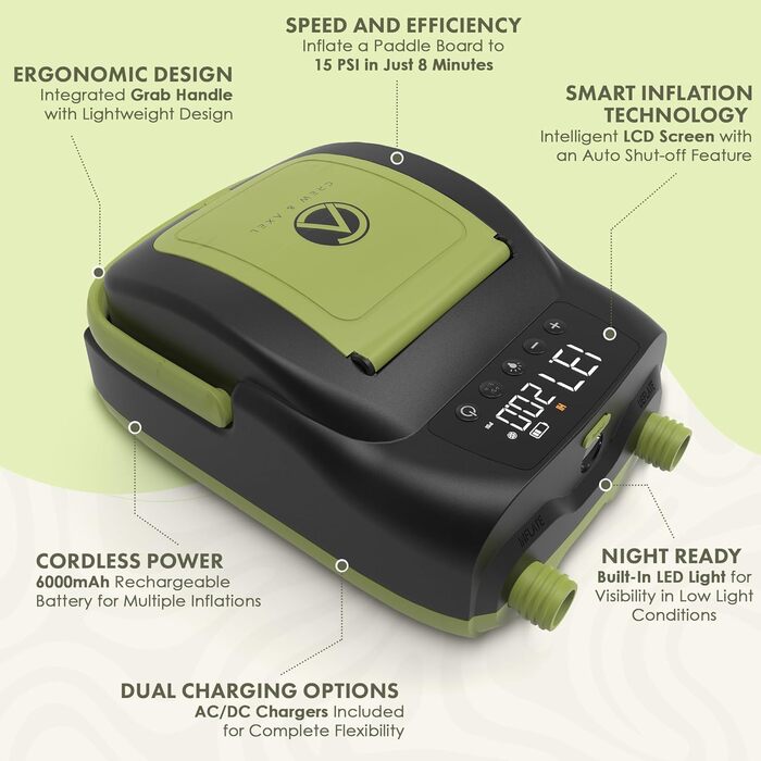 Електричний насос для SUP та надувних човнів Crew & Axel - акумулятор 6000mAh, 20PSI, 12V, зелений