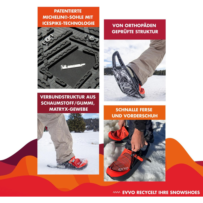 Снігоступи EVVO з підошвою Michelin®, Icespike, регульовані, у комплекті сумка, для чоловіків та жінок, розмір M (EU 36-42), червоно-чорні