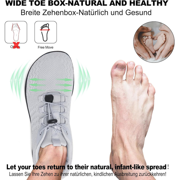 Geweo Взуття для пішохідної ходьби без шкарпеток: зручні кросівки для жінок та чоловіків з широкою передньою частиною, легкі спортивні кросівки для фітнесу, джогінгу, трейлу, хандрі, подорожей. Zero-Drop підошва, унісекс, розміри 37-47 EU (45 EU широка, с