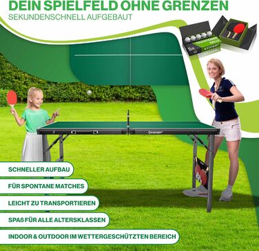 Набір для пінг-понгу KESSER® Mini з столом, ракетками, м'ячами та сіткою | Внутрішнє використання, портативний | Ламінована стільниця, складаний дизайн-кейc, для дітей та дорослих – 153 x 76,5 см, зелений