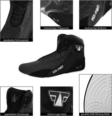 FOX-FIGHT Кросівки для бойових мистецтв | для жінок та чоловіків | дихаючі, гнучкі | замша | для боротьби, атлетики, фітнесу, бодібілдингу (43 EU, Full Black B7)