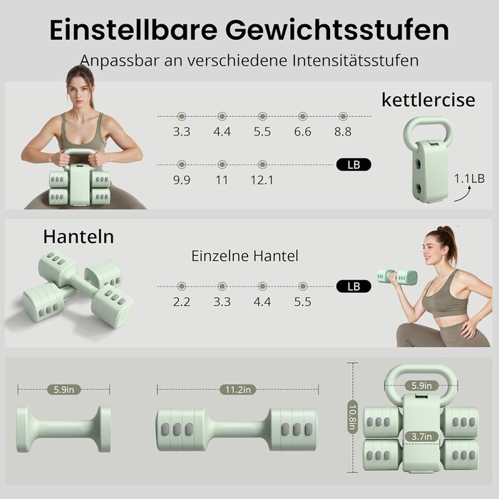 Регульований гантельний комплект 2-в-1 для жінок – 4 рівні (1-5,5 кг) – обладнання для фітнесу вдома, зелені гантелі