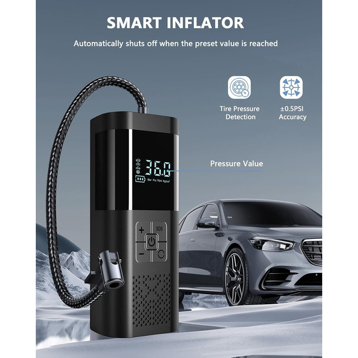 SERVOMASTER Електрична повітряна помпа з манометром, портативний міні-компресор, акумулятор 150PSI, LED-підсвічування, для авто, мотоцикла, велосипеда, м'ячів (чорний, сірий, бездротовий)