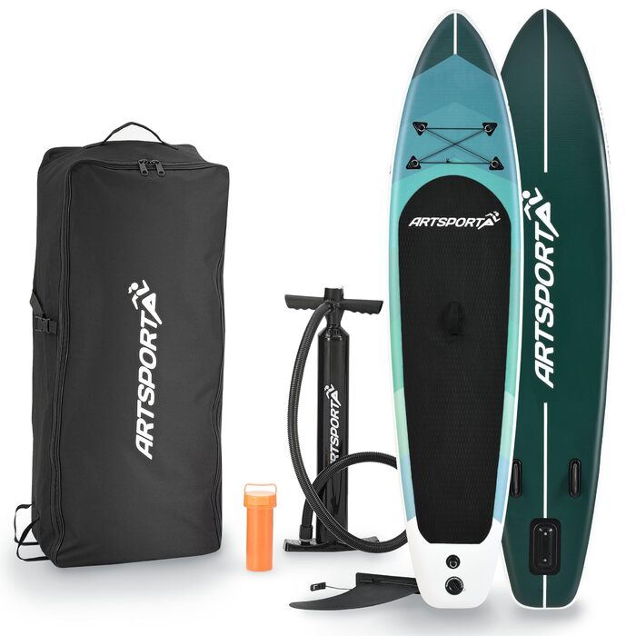 Набір для SUP-бордингу ArtSport Stand Up Paddle Board надувний 320 см, до 150 кг: з поводком, насосом, веслом, сумкою та аксесуарами - блакитно-смугастий