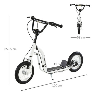 Дитячий самокат HOMCOM Самокат від 5 років, дитячий самокат Kick Scooter City Scooter з пневматичною шиною 12 дюймів, гума алюміній, білий| Аосом