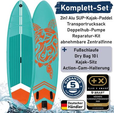 SUP дошка BRAST Turtle надувна з веслом, 320x81x15 см, бірюзова - комплект для Stand Up Paddleboarding (SUP) з 5-річною гарантією
